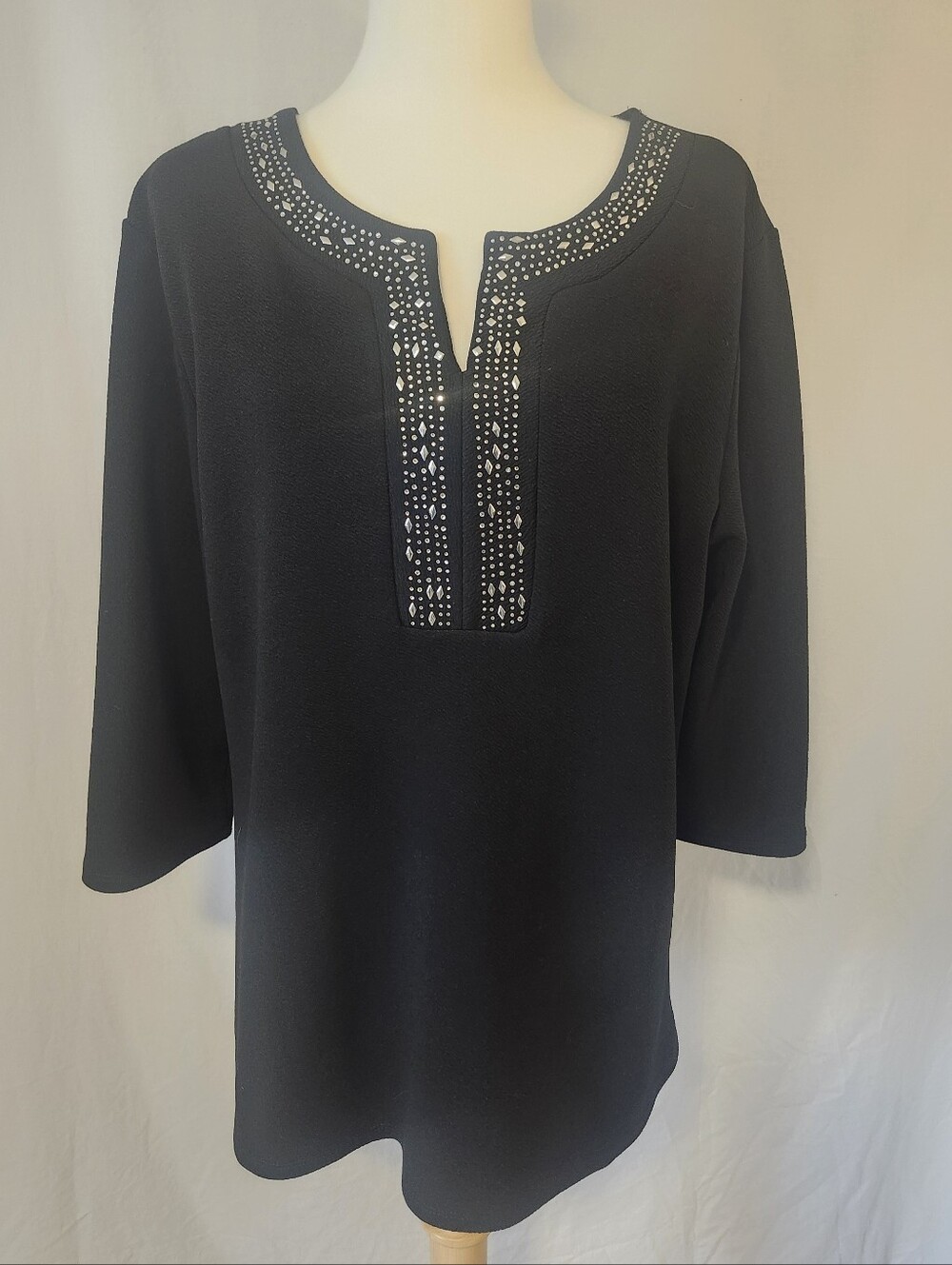 Clientele Black Silver Tone Stud Embellished Split-Neck Women's Top